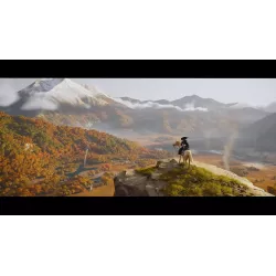 Graphismes PS5 de la protagoniste Atsu contemplant le mont Yotei enneige en monde ouvert