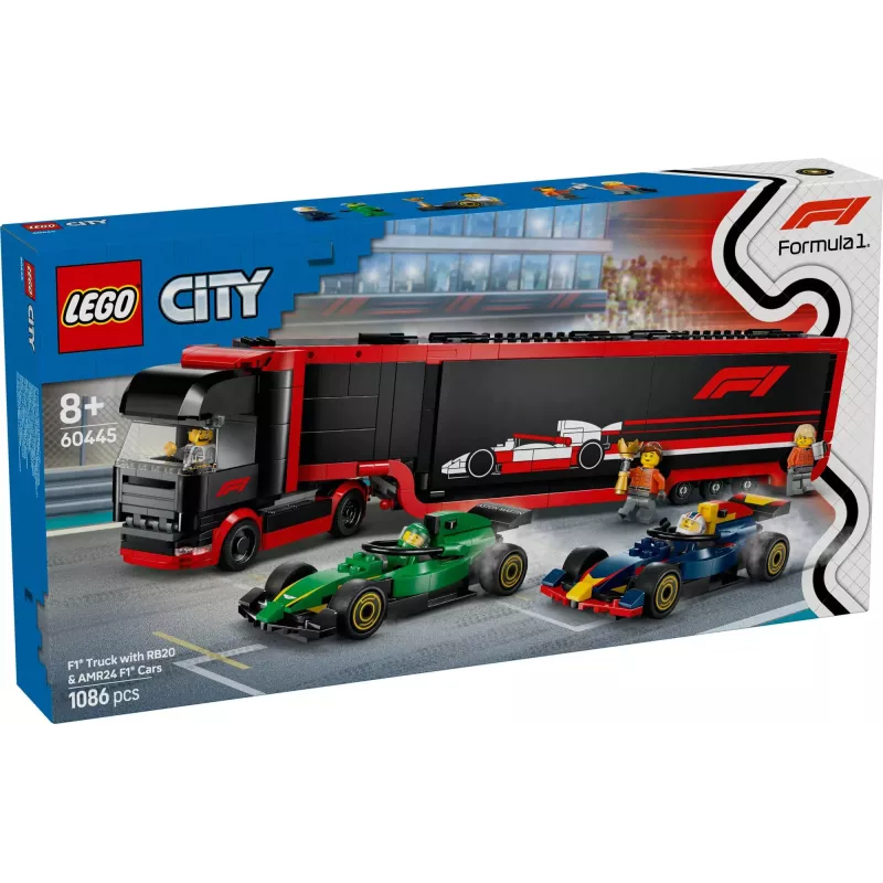Boite officielle du set LEGO City 60445 Camion de F1 voitures Red Bull et Aston Martin neuf scelle