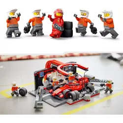 Changement de pneus de la voiture de course rouge Ferrari dans le stand LEGO 60443