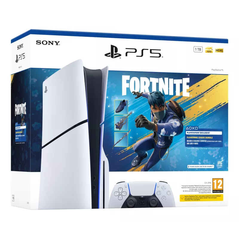 Face avant de la boîte officielle du pack console PS5 Slim 1 To Fortnite Chaos Fleuri