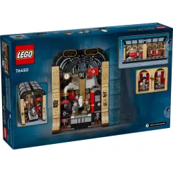 Verso du packaging LEGO 76450 illustrant l insertion du serre livres en briques et le code barre EAN
