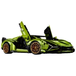 Supercar LEGO Lamborghini Sian vert lime avec les portieres en elytre ouvertes et aileron deploye