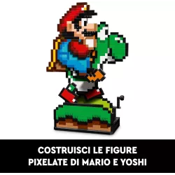 Sculpture pixel art LEGO de Mario chevauchant Yoshi style Super Nintendo 16 bits