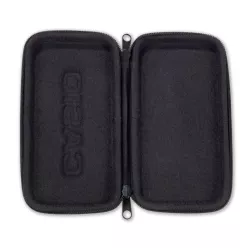 Housse de protection noire ouverte montrant l'emplacement de rangement pour la calculatrice Casio