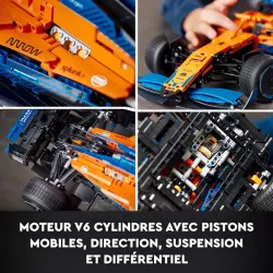 Detail du moteur V6 a pistons mobiles et des suspensions du set LEGO F1 42141