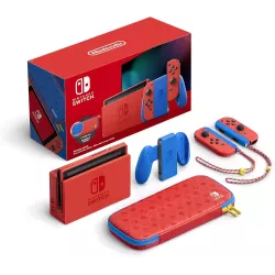 Contenu complet du pack collector Nintendo Switch avec dock rouge, manettes Joy-Con et pochette de transport Mario