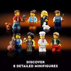 Les 8 minifigurines et instruments de musique inclus dans le set LEGO 10312 en situation de concert