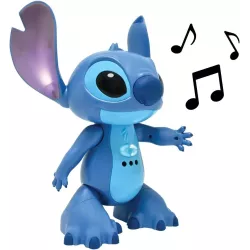 Gros plan sur les details du visage et les effets lumineux du Stitch interactif Lexibook