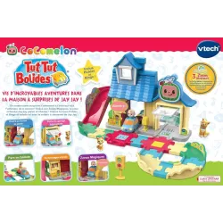 Verso de la boite VTech La maison a surprises de JJ CoComelon illustrant les fonctionnalites et le code barre EAN