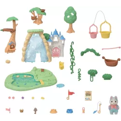 contenu du playset la cascade de la foret secrete Sylvanian Families avec la tyrolienne et la cabane