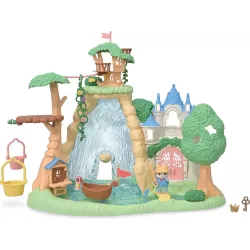 Vue d ensemble du playset la cascade de la foret secrete Sylvanian Families avec la tyrolienne et la cabane