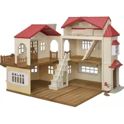 Vue de La Grande Maison Eclairee Sylvanian Families 5708 ouverte a 180 degres avec ses pieces