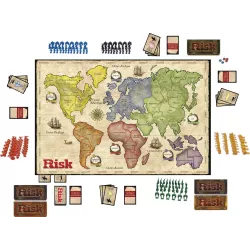 Vue d ensemble du plateau de jeu carte du monde Risk avec les figurines d armees et les des