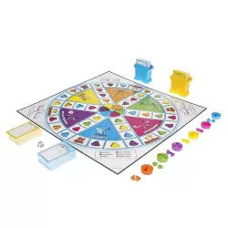 Vue d ensemble du plateau circulaire et des cartes du jeu Trivial Pursuit Edition Famille