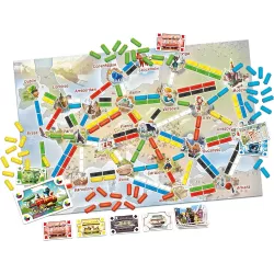 Vue d ensemble du plateau de jeu Europe simplifie avec les wagons en plastique et les cartes du jeu Mon Premier Voyage