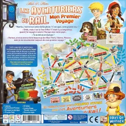 Verso de la boite du jeu Les Aventuriers du Rail Mon Premier Voyage illustrant le materiel et le code barre EAN