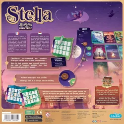 Verso de la boite du jeu Stella Dixit Universe Libellud illustrant les regles et le code barre EAN
