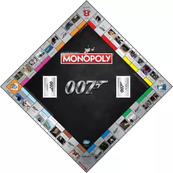 Vue d ensemble du plateau de jeu Monopoly James Bond 007 avec les cartes et les billets personnalises