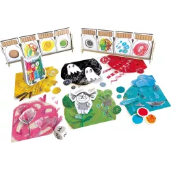 Vue d ensemble du plateau de jeu et des figurines en bois du jeu Le Monstre des Couleurs
