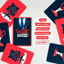 Gros plan sur les cartes de répliques et de réflexions hilarantes du jeu Taggle Patron