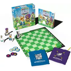 Vue d ensemble du plateau reversible et des pieces d echecs illustrees du jeu L histoire du Roi des echecs Megableu