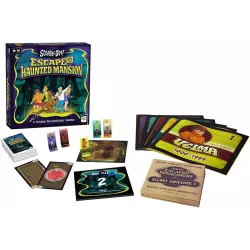 Gros plan sur les fiches des personnages et les enigmes du jeu Scooby-Doo Escape Game Dujardin
